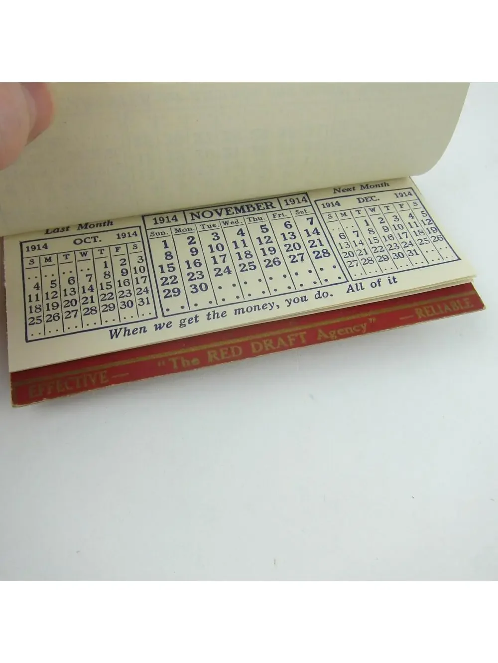 Antique 1914 Calendar Pad K. & M. Red Drafts Agency Debt Collection 4.75 x 2.5